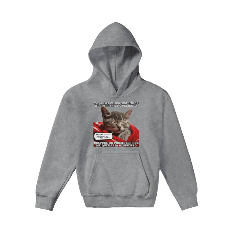 Sudadera con capucha júnior estampado de gato "Cinéfilo Dormilón" Michilandia | La tienda online de los amantes de gatos