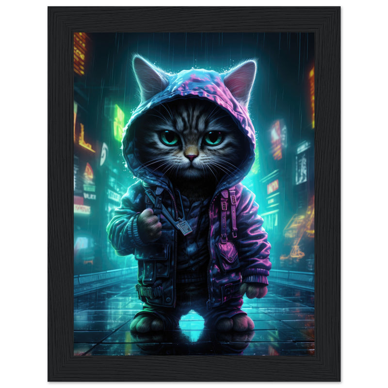 Póster semibrillante de gato con marco de madera "Munchkin Gángster Cyberpop" Gelato