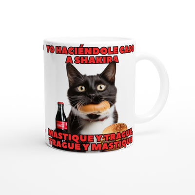 Taza Blanca con Impresión de Gato "Masticar y Tragar" Michilandia | La tienda online de los fans de gatos