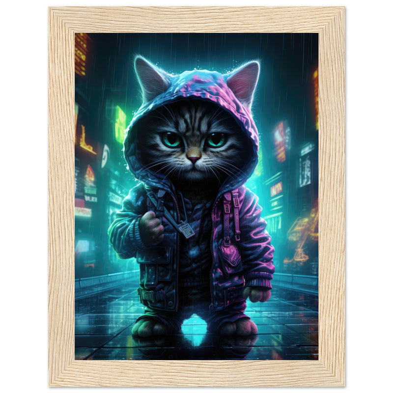 Póster semibrillante de gato con marco de madera "Munchkin Gángster Cyberpop" Gelato