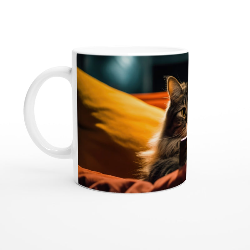 Taza blanca con impresión de gato "Cine Felino en Casa" Gelato