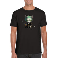 Camiseta unisex estampado de gato "Ronroneo Zoro: El Espadachín Felino"