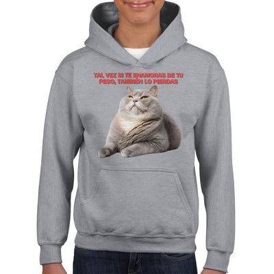 Sudadera con capucha júnior estampado de gato "Gordito Pensante" Michilandia | La tienda online de los fans de gatos