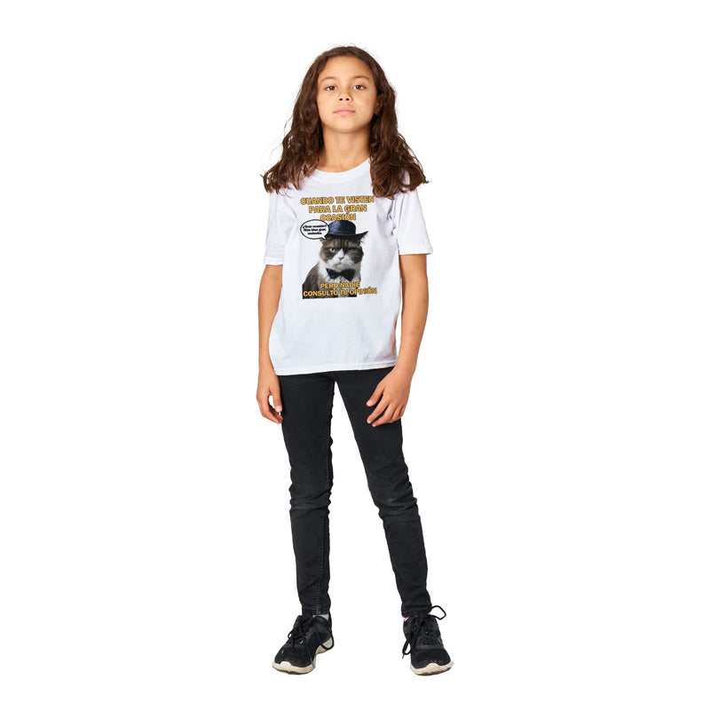 Camiseta Junior Unisex Estampado de Gato "Dilema de Gala" Michilandia | La tienda online de los fans de gatos