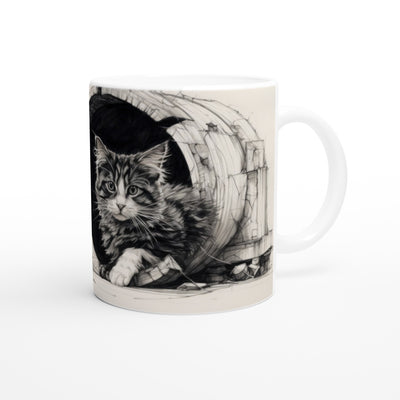 Taza blanca con impresión de gato "Exploración Felina" Gelato