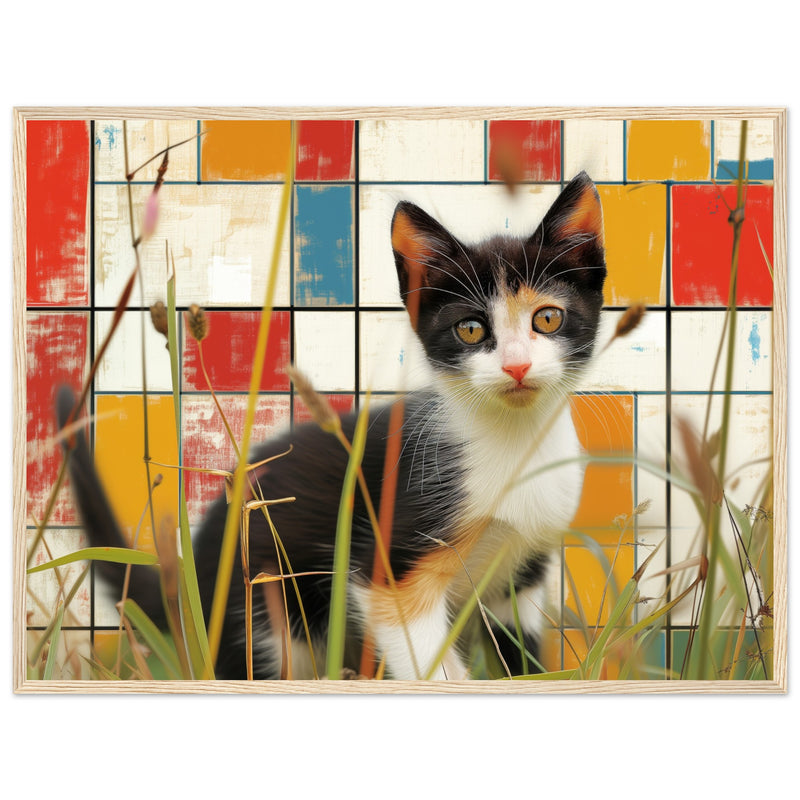 Póster de gato con marco de madera "Contrastes de Mondrian" Michilandia | La tienda online de los fans de gatos