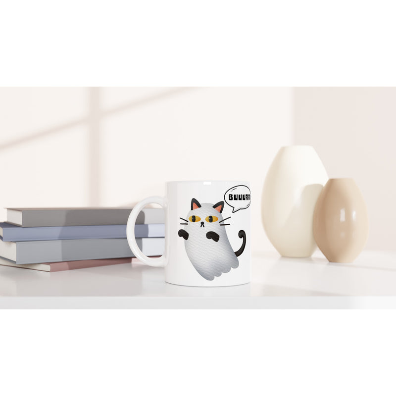 Taza Blanca con Impresión de Gato "Fantasma Miaurador" Michilandia | La tienda online de los fans de gatos