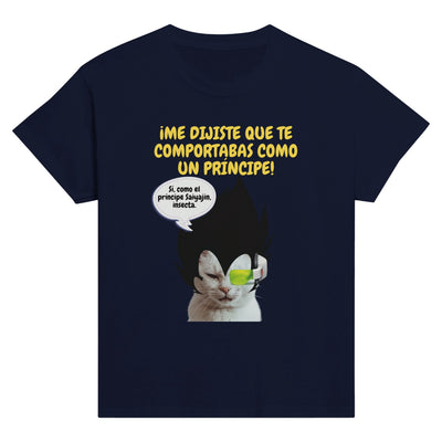 Camiseta Junior Unisex Estampado de Gato "Príncipe Saiyajin Felino" Michilandia | La tienda online de los fans de gatos