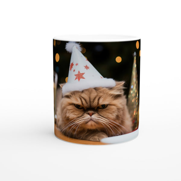 Taza blanca con impresión de gato "Grumpy Cat en la Fiesta""