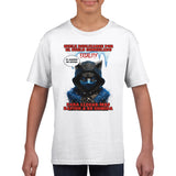 Camiseta júnior unisex estampado de gato "Hambre Mortal"