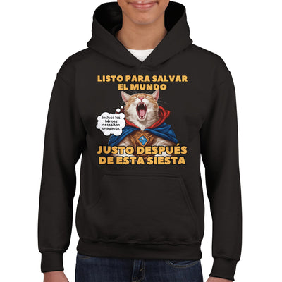 Sudadera con capucha júnior estampado de gato "Héroe Descansando" Michilandia | La tienda online de los fans de gatos