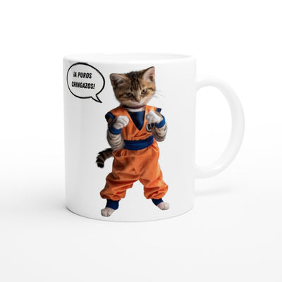 Taza Blanca con Impresión de Gato "Combate de Miaus" Michilandia