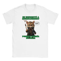 Camiseta júnior unisex estampado de gato "Guardián del Sillón" Blanco