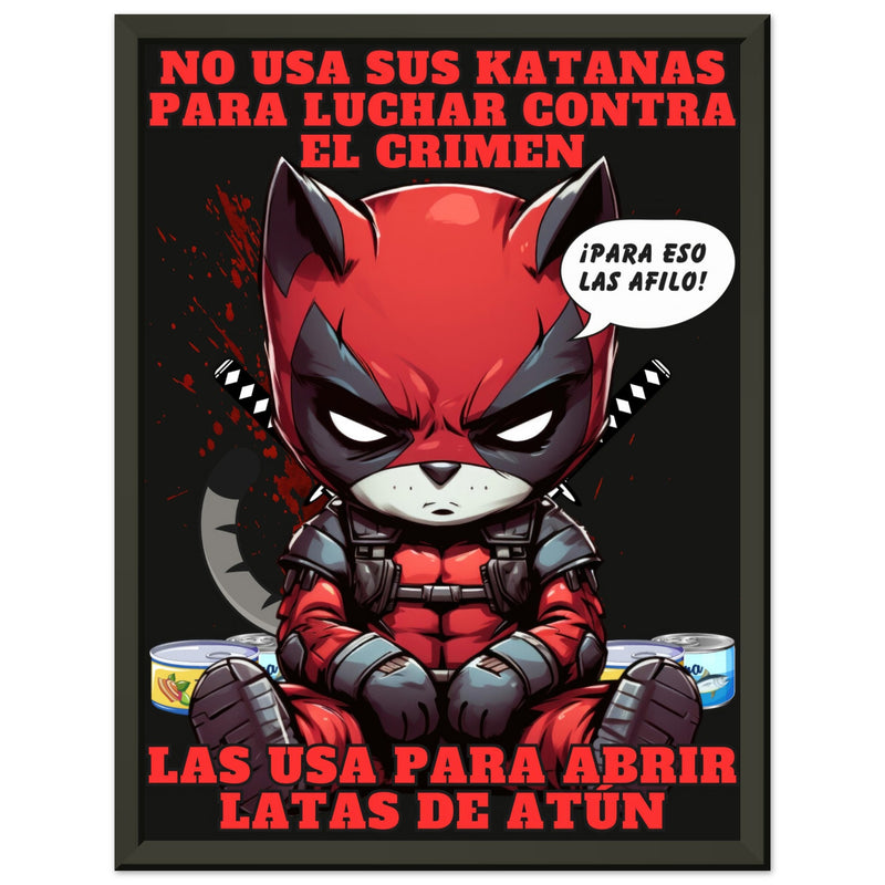 Póster Semibrillante de Gato con Marco Metal "Katanas y Latas" Michilandia | La tienda online de los amantes de gatos