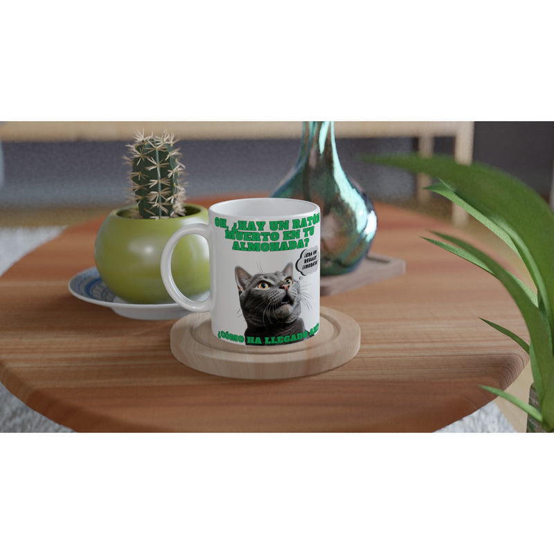 Taza blanca con impresión de gato "Regalo Sorpresa" Michilandia | La tienda online de los amantes de gatos