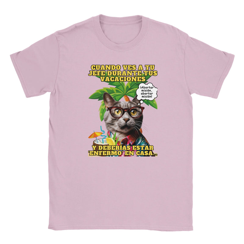 Camiseta júnior unisex estampado de gato "Vacaciones Clandestinas" Michilandia | La tienda online de los amantes de gatos