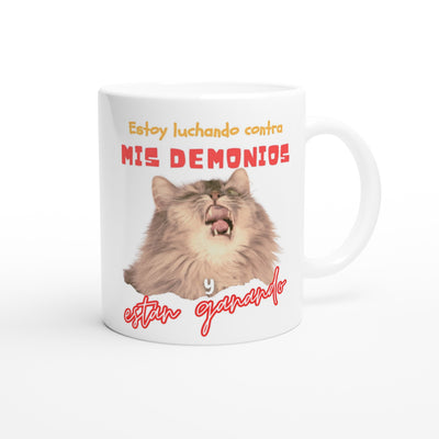 Taza Blanca con Impresión de Gato "Lucha Interna" Michilandia | La tienda online de los fans de gatos