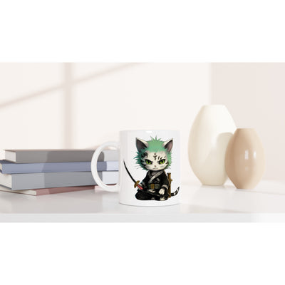 Taza blanca con impresión de gato "Ronroneo Zoro: El Espadachín Felino" Michilandia | La tienda online de los amantes de gatos