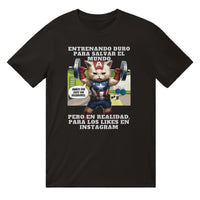 Camiseta unisex estampado de gato "Michi America Fitness"