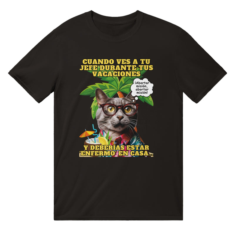 Camiseta unisex estampado de gato "Vacaciones Clandestinas" Michilandia | La tienda online de los amantes de gatos