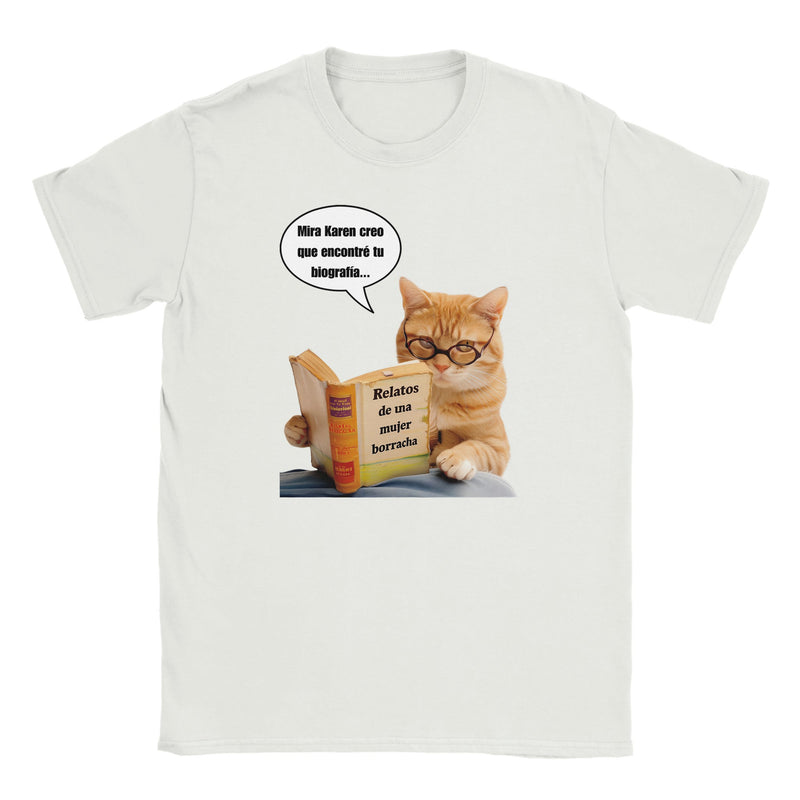 Camiseta Junior Unisex Estampado de Gato "Biografía de Karen" Michilandia