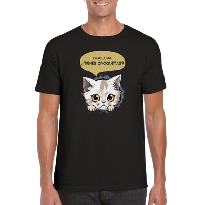 Camiseta unisex estampado de gato "Tienes croquetas?" Gelato