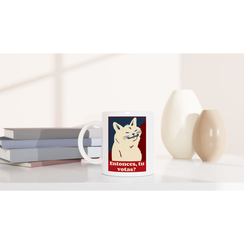 Taza Blanca con Impresión de Gato "Miau de Votante" Michilandia