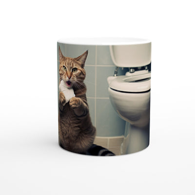 Taza blanca con impresión de gato "Travesuras en el Baño" Gelato