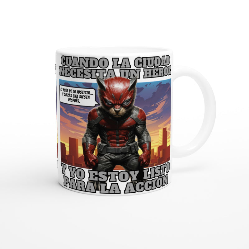 Taza Blanca con Impresión de Gato "Atardecer Heroico" Michilandia | La tienda online de los fans de gatos