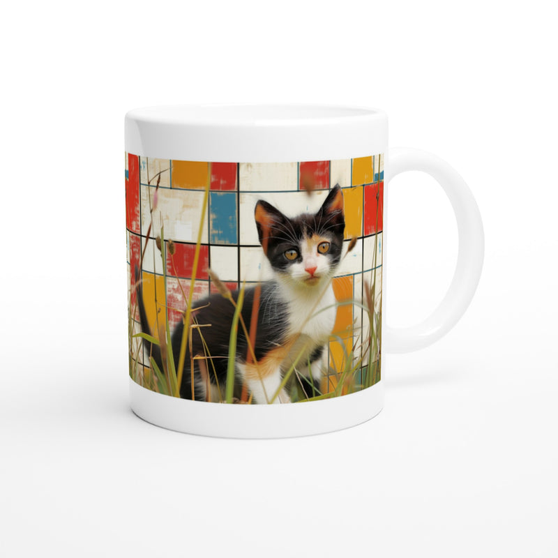 Taza Blanca con Impresión de Gato "Contrastes de Mondrian" Michilandia | La tienda online de los fans de gatos