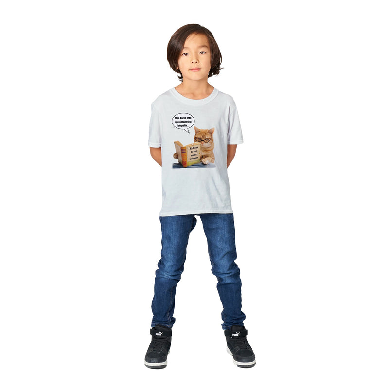 Camiseta Junior Unisex Estampado de Gato "Biografía de Karen" Michilandia