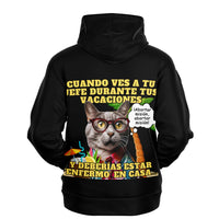 Sudadera deportiva con capucha unisex estampado de gato "Vacaciones Clandestinas"