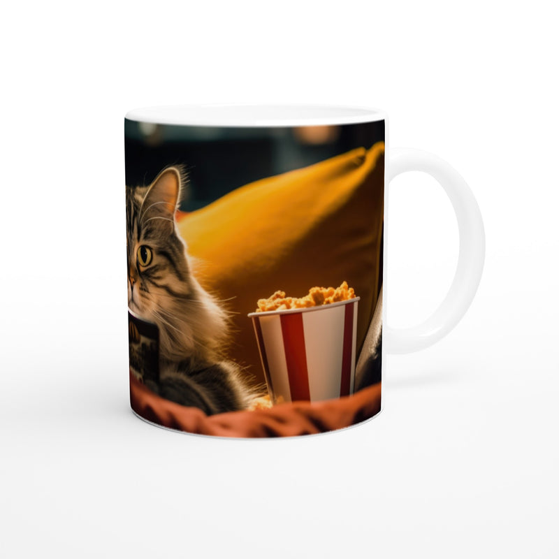 Taza blanca con impresión de gato "Cine Felino en Casa" Gelato