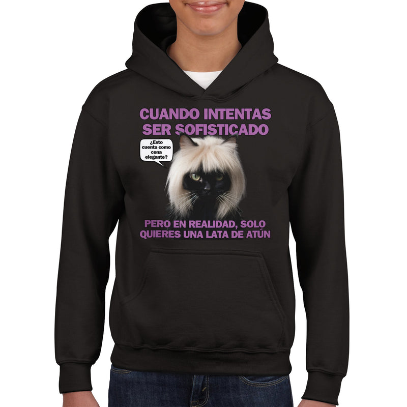 Sudadera con capucha júnior estampado de gato "Elegancia Gatuna" Michilandia | La tienda online de los fans de gatos