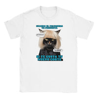 Camiseta júnior unisex estampado de gato "El Desastre Peluquero" Blanco