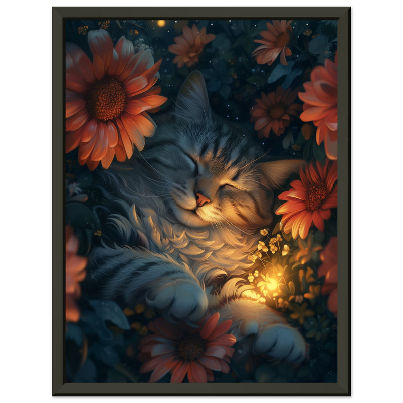 Póster Semibrillante de Gato con Marco Metal "Noche Floral Felina" Michilandia | La tienda online de los fans de gatos