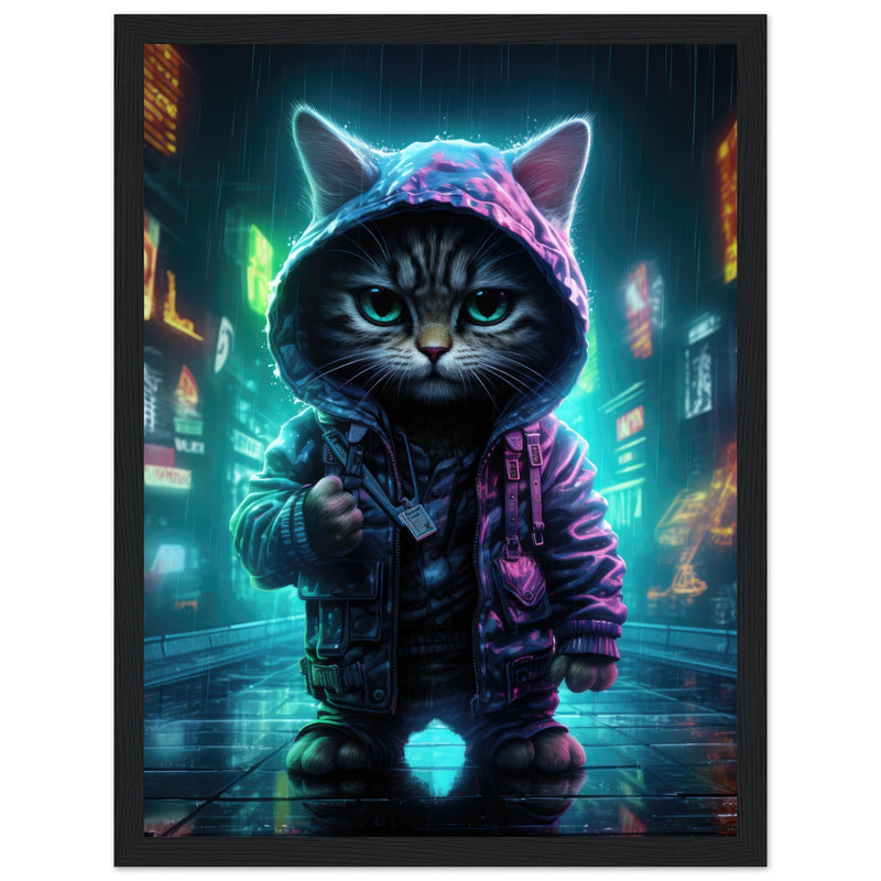 Póster semibrillante de gato con marco de madera "Munchkin Gángster Cyberpop" Gelato