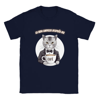 Camiseta unisex estampado de gato "La vida empieza después del café" Gelato