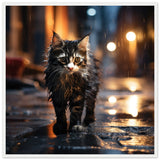Póster semibrillante de gato con marco de madera "Vagabundo en la Noche"