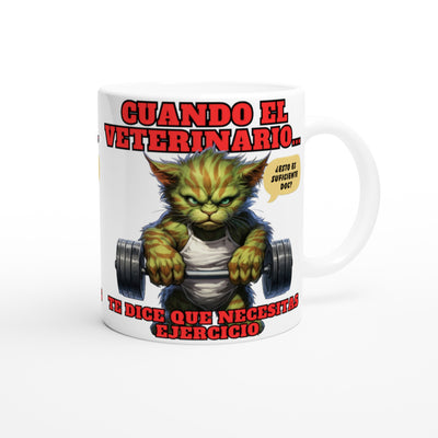 Taza blanca con impresión de gato "Michi Hulk en el Gym" Michilandia | La tienda online de los amantes de gatos