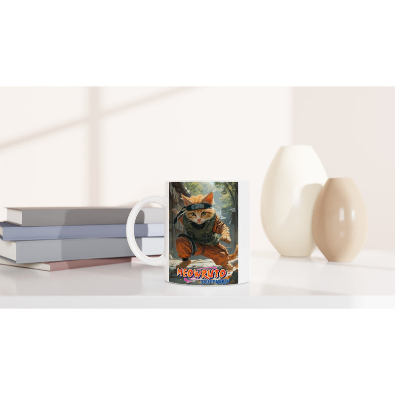 Taza Blanca con Impresión de Gato "Misión Jounin Gatuno" Michilandia | La tienda online de los fans de gatos