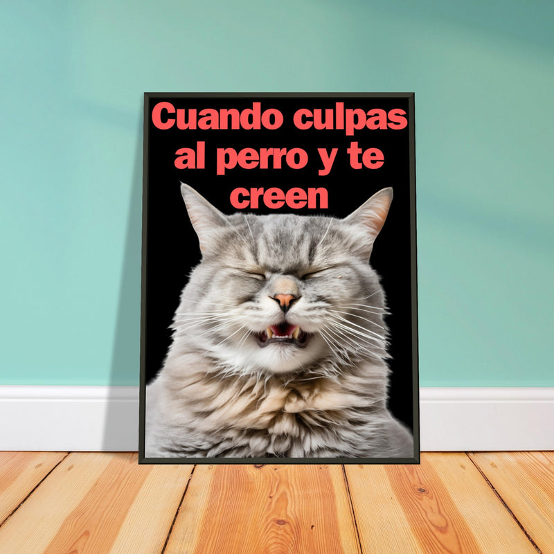 Póster Semibrillante de Gato con Marco Metal "Risa Culpable" Michilandia | La tienda online de los fans de gatos