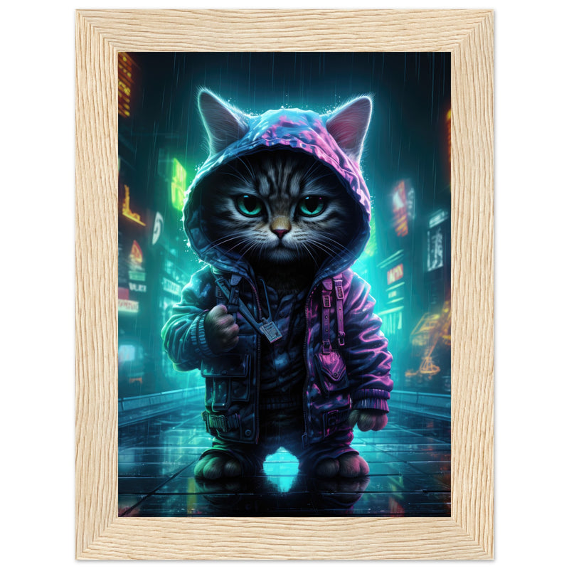 Póster semibrillante de gato con marco de madera "Munchkin Gángster Cyberpop" Gelato