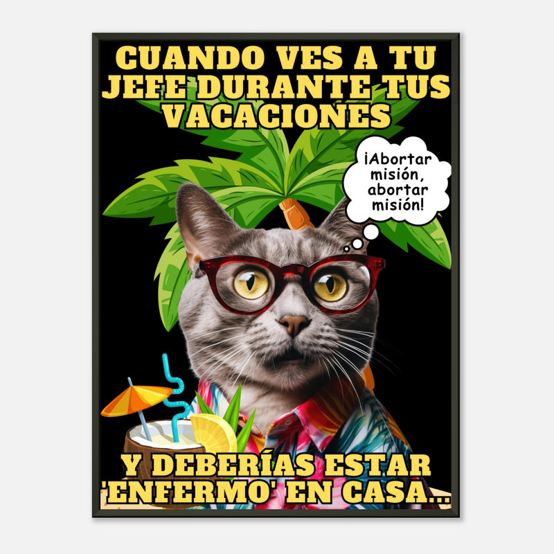 Póster Semibrillante de Gato con Marco Metal "Vacaciones Clandestinas" Michilandia | La tienda online de los amantes de gatos