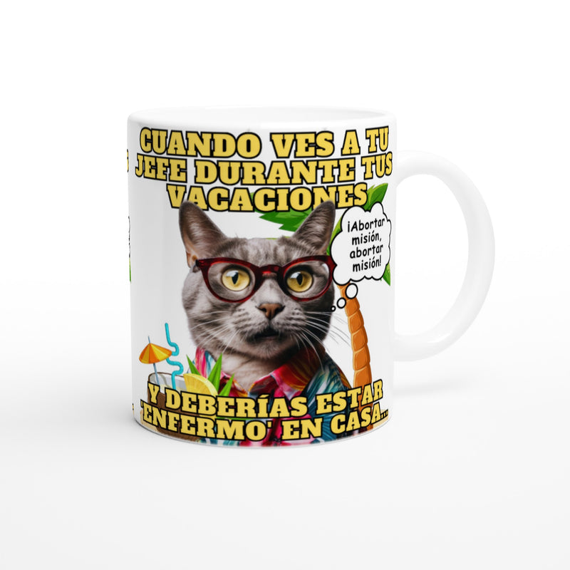 Taza blanca con impresión de gato "Vacaciones Clandestinas" Michilandia | La tienda online de los amantes de gatos