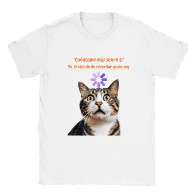 Camiseta unisex estampado de gato "Cuéntame más sobre ti" Gelato