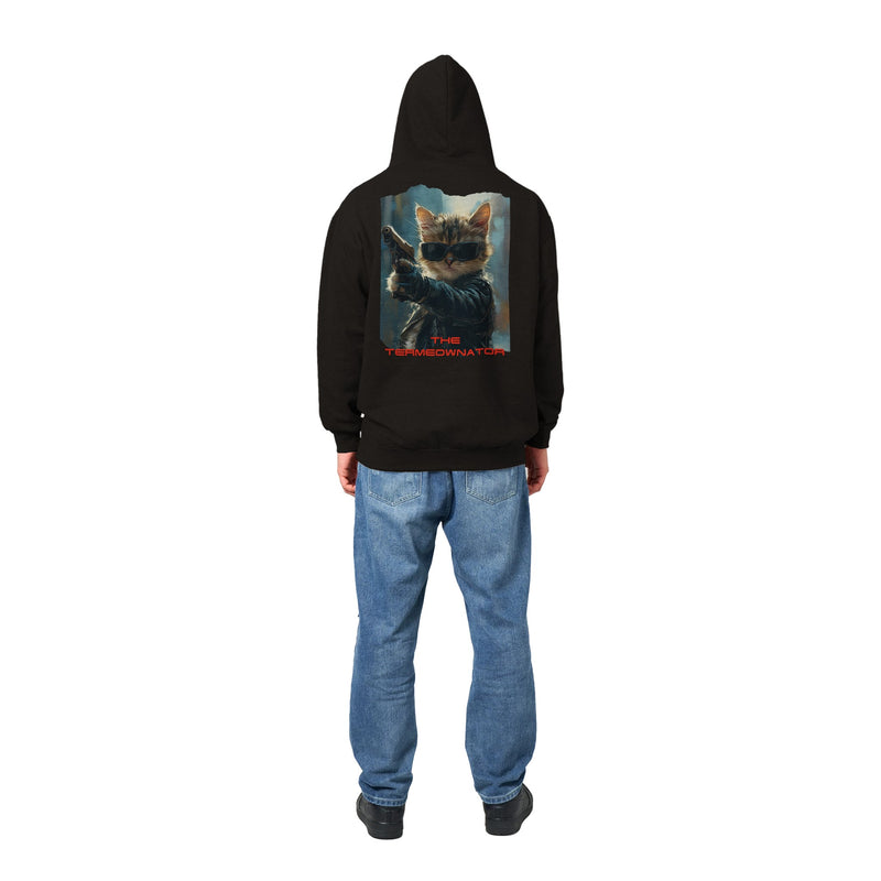 Sudadera con capucha Prémium Unisex Impresión Trasera de Gato "Hasta la Vista, Miau" Michilandia | La tienda online de los fans de gatos