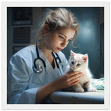 Póster semibrillante de gato con marco de madera "Karen la Veterinaria"
