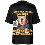Camiseta de fútbol unisex estampado de gato "Héroe Descansando" Subliminator
