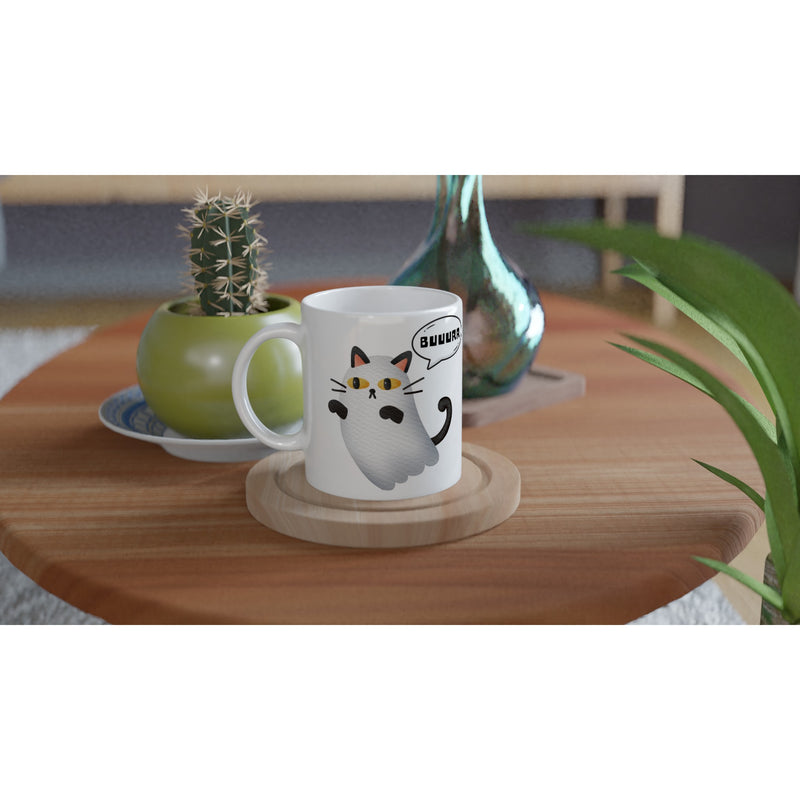 Taza Blanca con Impresión de Gato "Fantasma Miaurador" Michilandia | La tienda online de los fans de gatos